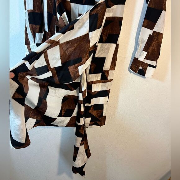 Worth petite ladies dress brown black off white sheath faux wrap silk career - Picture 12 of 13